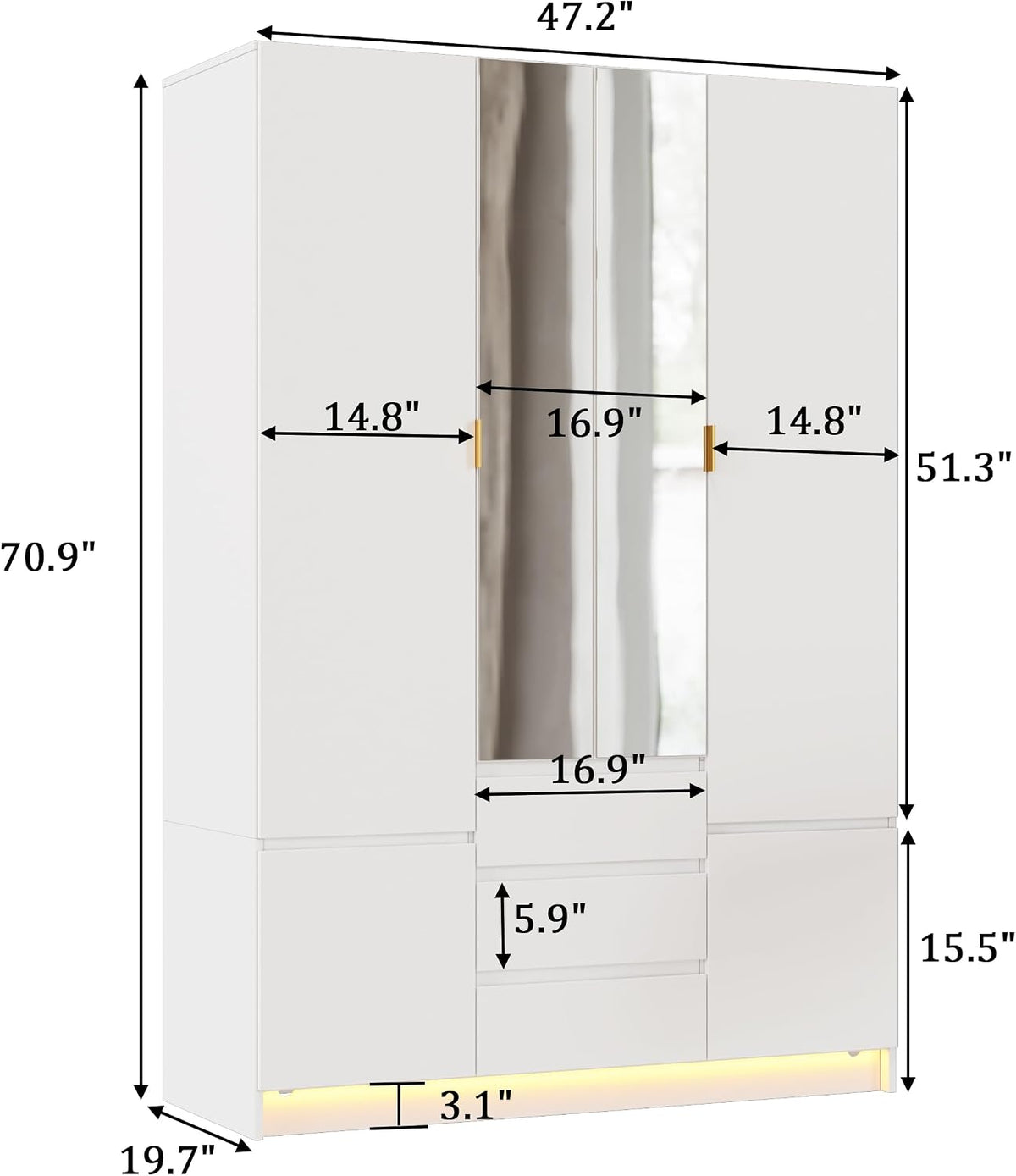 4 Doors Armoire Wardrobe Closet with Led Light & Mirror, Bedroom Large Capacity Freestanding Armoire Wardrobe with