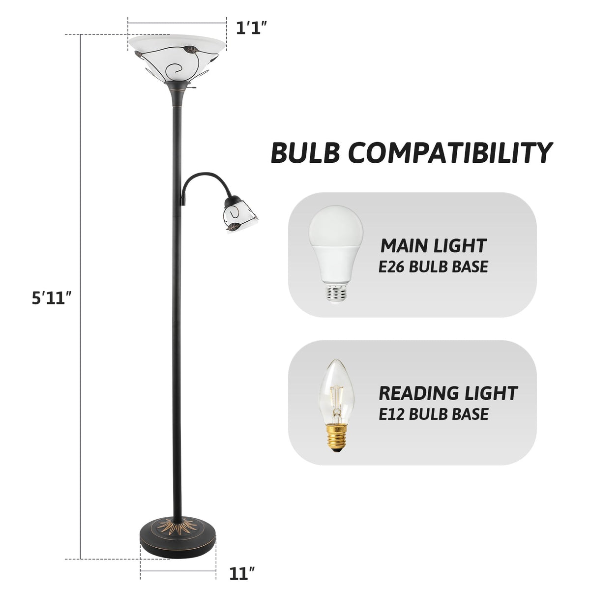 Torchiere Floor Lamp Tiffany Style w/ Side Reading Light, 3-Way Switch Combo Antique Bronze Mother Daughter Floor
