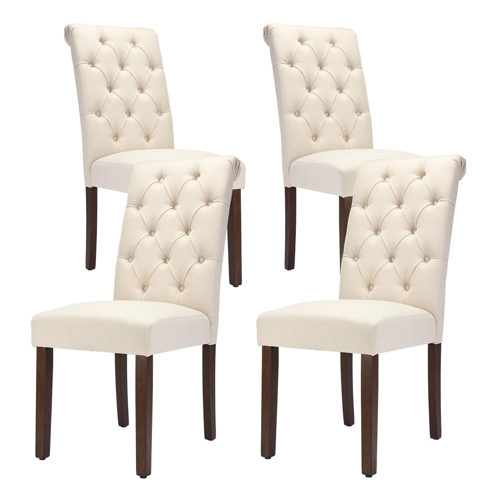 Tufted Set of 4, Upholstered Parsons Dining Room Chairs, Fabric Kitchen Side Chair with Wood Legs, Beige