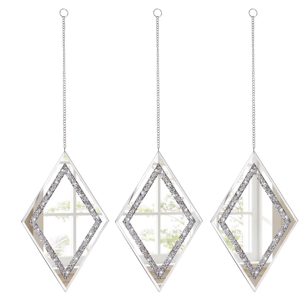 Silver Diamond Shaped Wall Mirror Set of 3, Decorative Crystal Crush Diamond Mirrors Decor