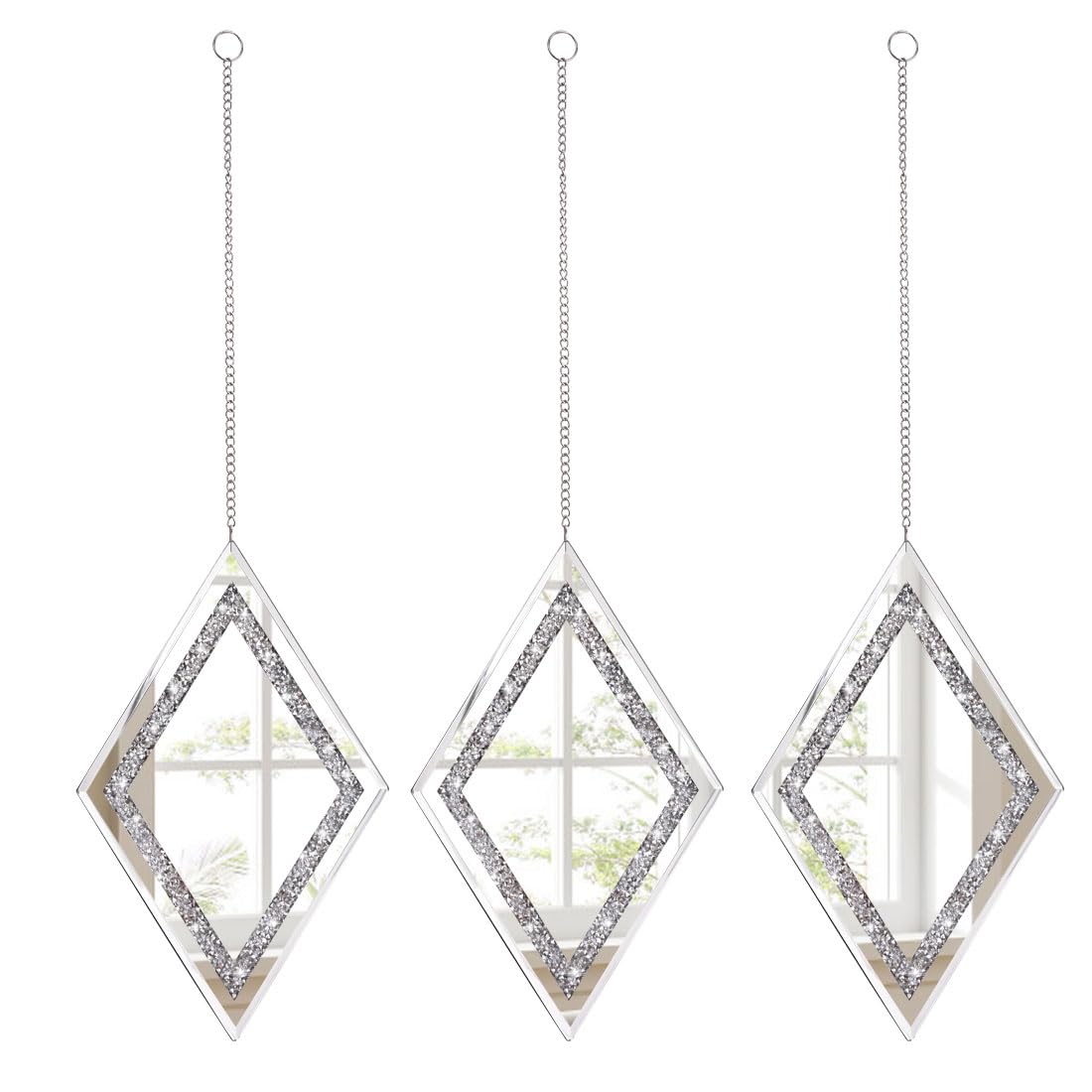 Silver Diamond Shaped Wall Mirror Set of 3, Decorative Crystal Crush Diamond Mirrors Decor