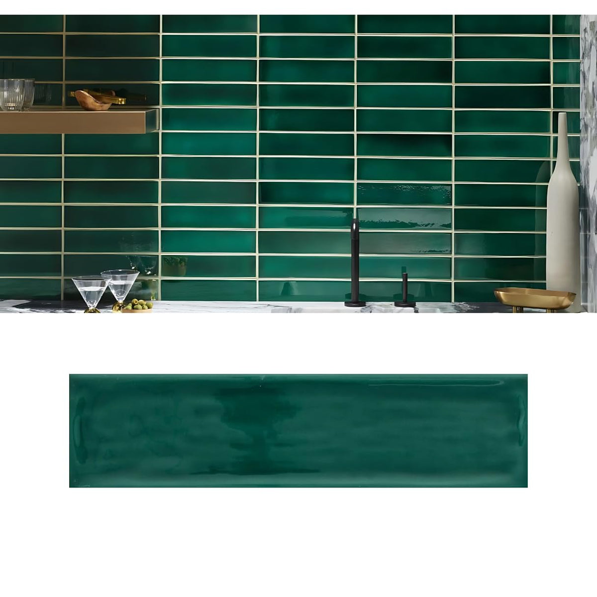 Montevista Dark Green Forest 3x12 Ceramic Handmade Wall Tile Glossy Backsplash, Bathroom Shower, Accent Decor