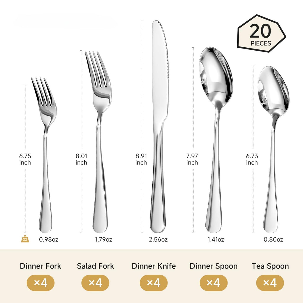 20-Piece Silverware Set for 4, Premium 18/10 Stainless Steel Flatware, Quality Heavy Duty Cutlery Utensils, Mirror