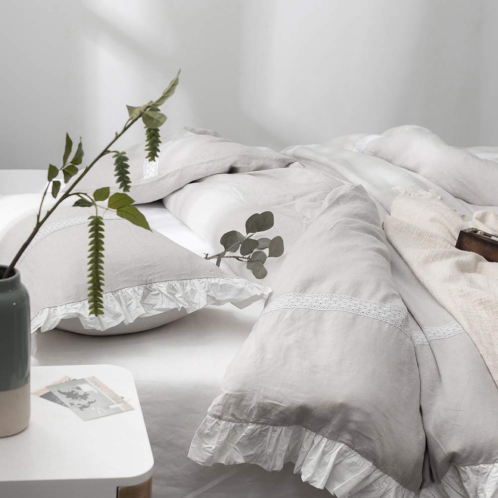 100% Linen Duvet Cover Set (68''x86'') Frill Floral Flax, Shabby Chic Ruffle Edge Lace Insert Decoration, 2