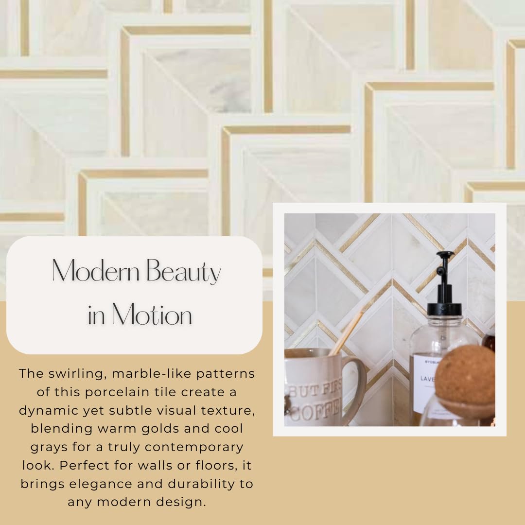 HTC165 Diaspore 10x14 Marble & Brass Mosaic Tile - Waterjet Cut Calacatta Carrara Mix with Gold Metal, Mesh-Mounted
