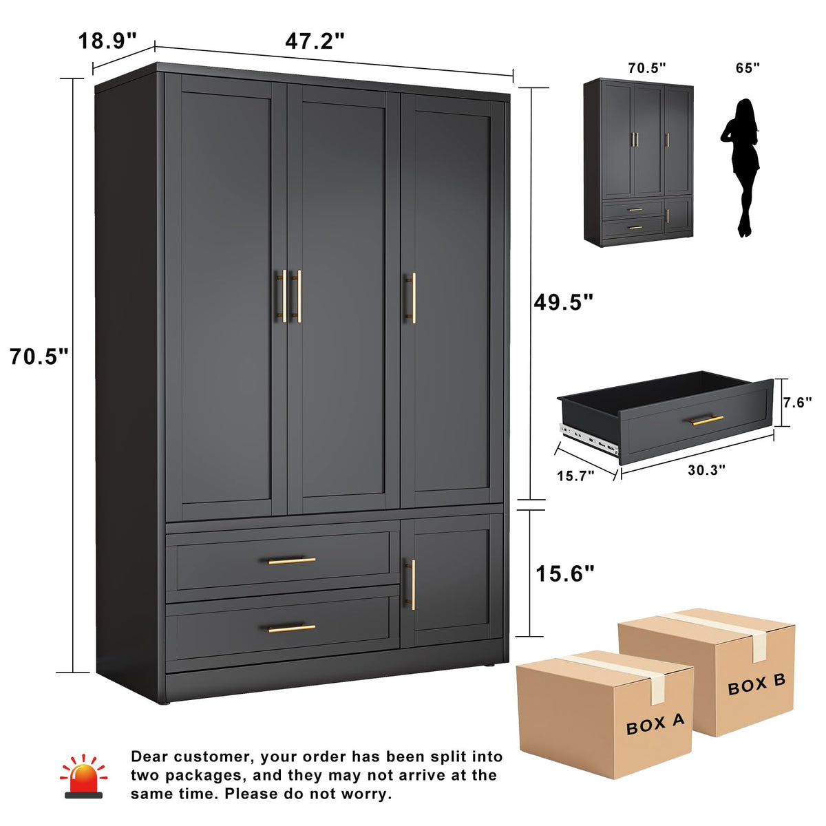 Armoire Wardrobe Closet, Bedroom Clothing Storage Cabinet Black