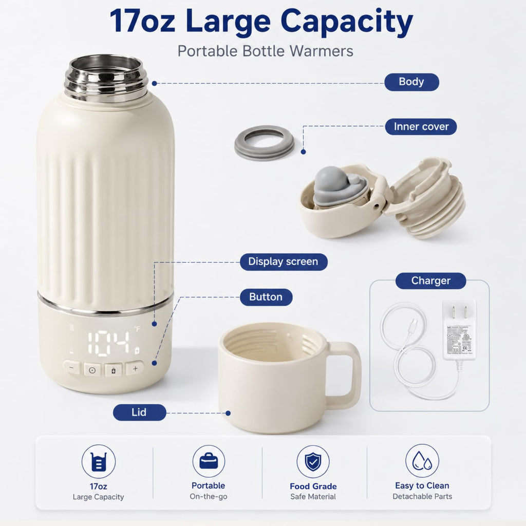 Portable Bottle Warmer for Travel, with 36W Fast Charger, Fast Heating for Breast Milk and Water, 10200mAh Battery