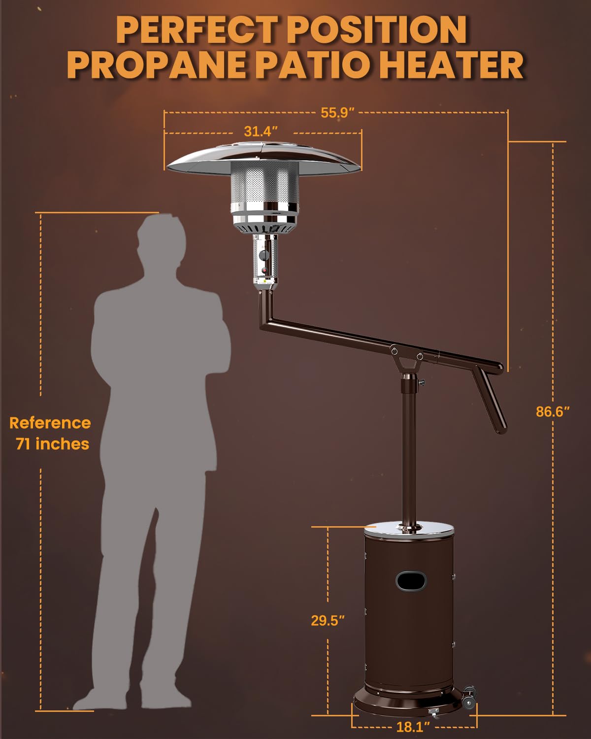 Perfect Position Pyramid Patio Heater, Outdoor Heater with Swivel Arm