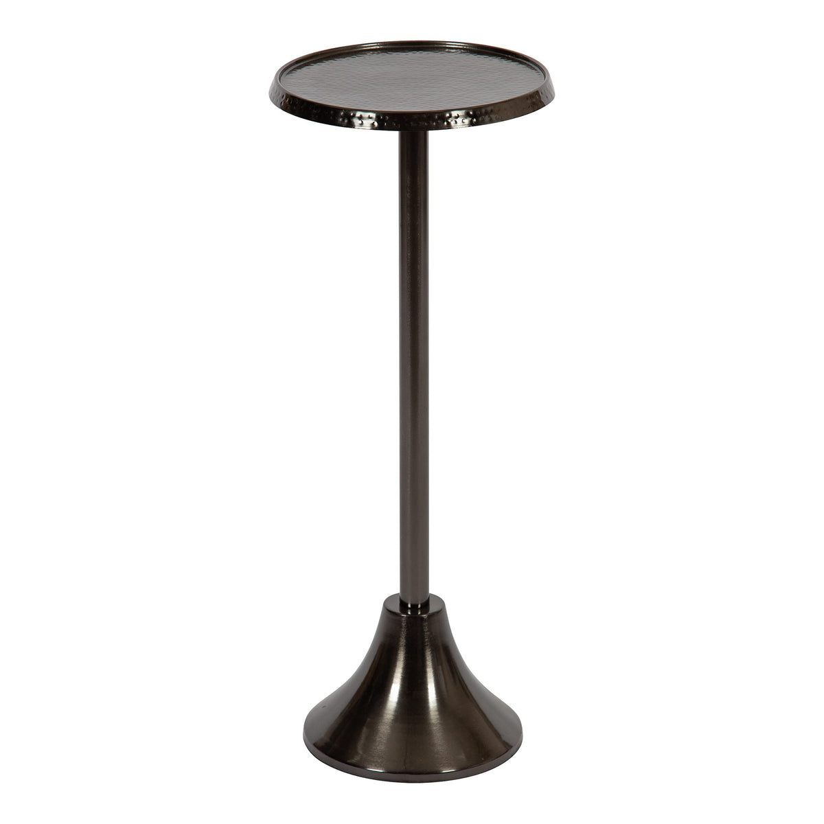 Inspired Saarinen Style Sanzo Modern Pedestal Side Table; 9 x 9 x 23; Pewter; Decorative with Hammered Tabletop