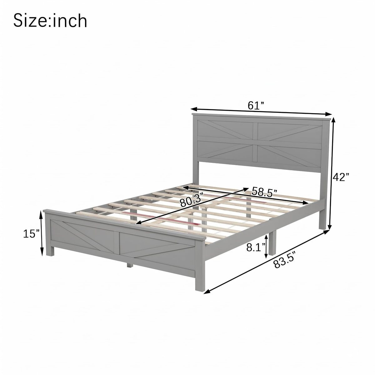 Rustic Platform Bed Frame with Barn Door Design Headboard and Footboard, Pine Wood Bed with Wooden Slats