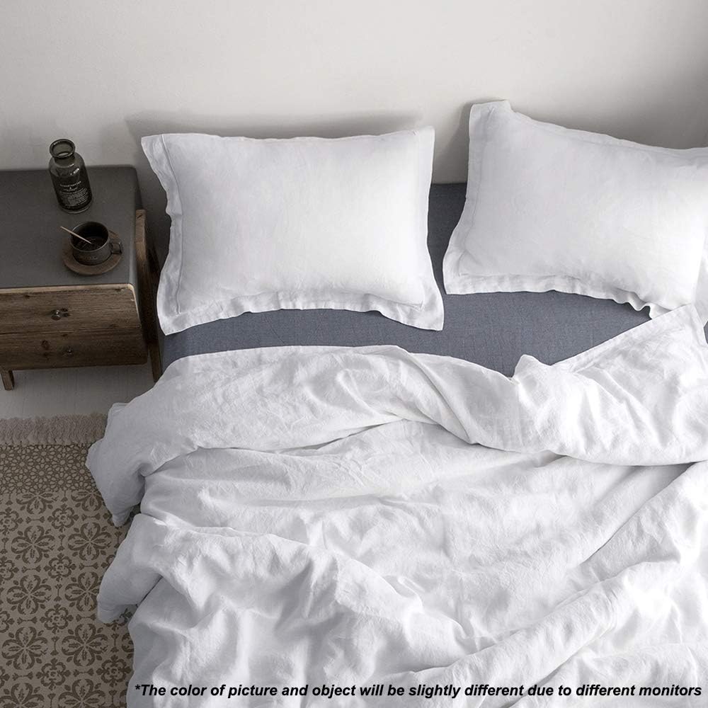 100% Linen Duvet Cover Set with Embroidery Border Washed - 3 Pieces (1 Duvet Cover with 2 Pillow Shams) with Button