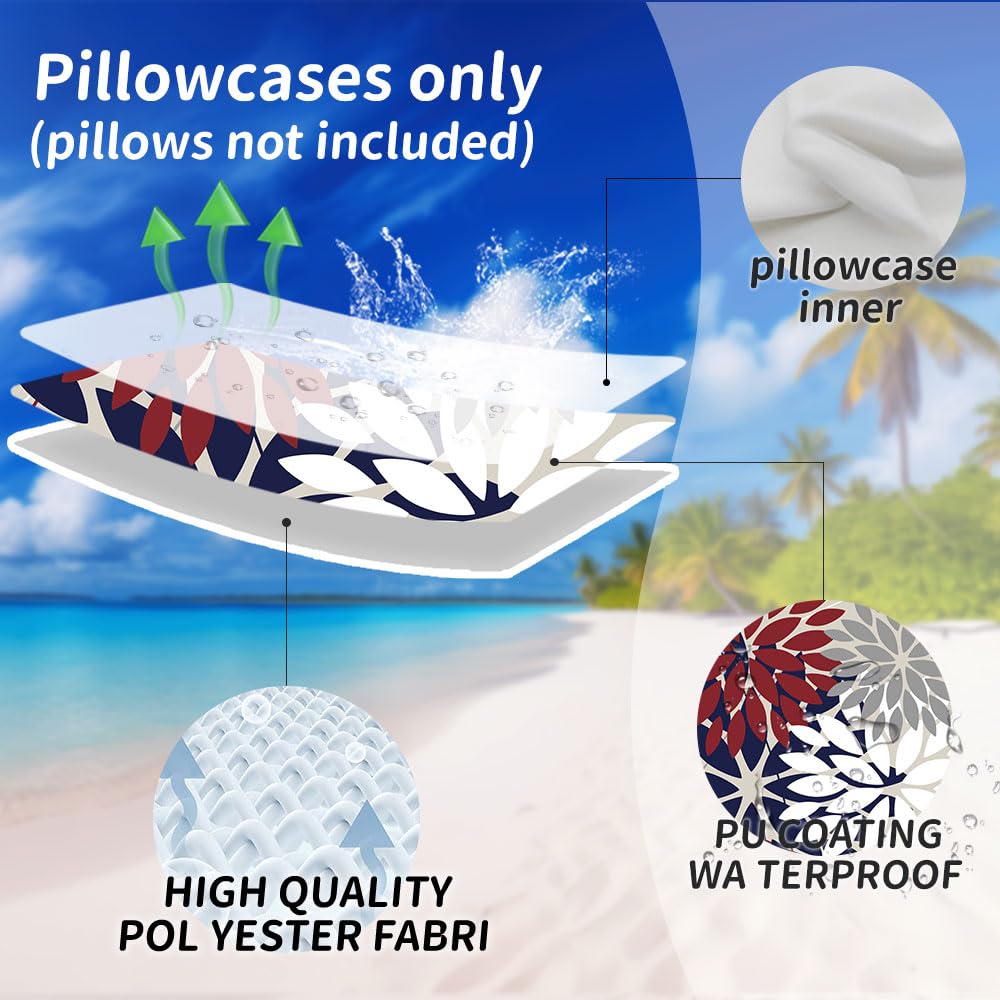 Pack of 2 Outdoor Waterproof Throw Pillow Covers 18x18 Red Blue