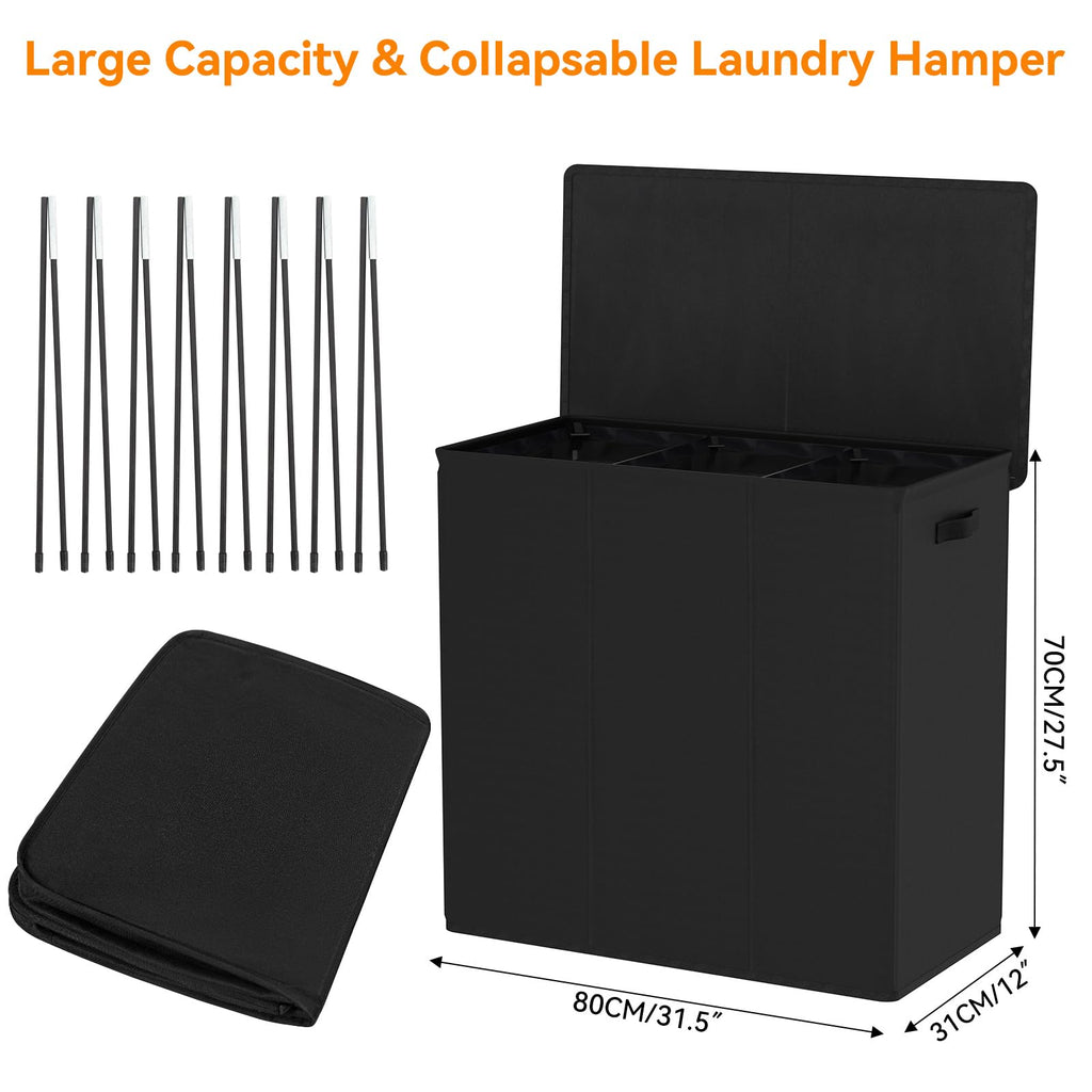 180L Laundry Hamper 3 Section, Large Laundry Basket with Lid