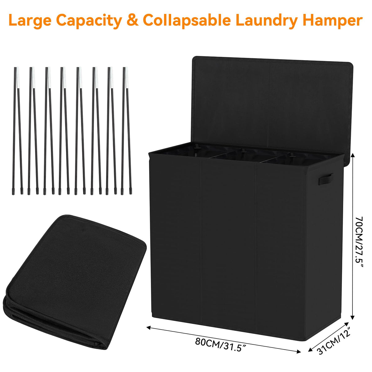 180L Laundry Hamper 3 Section, Large Laundry Basket with Lid