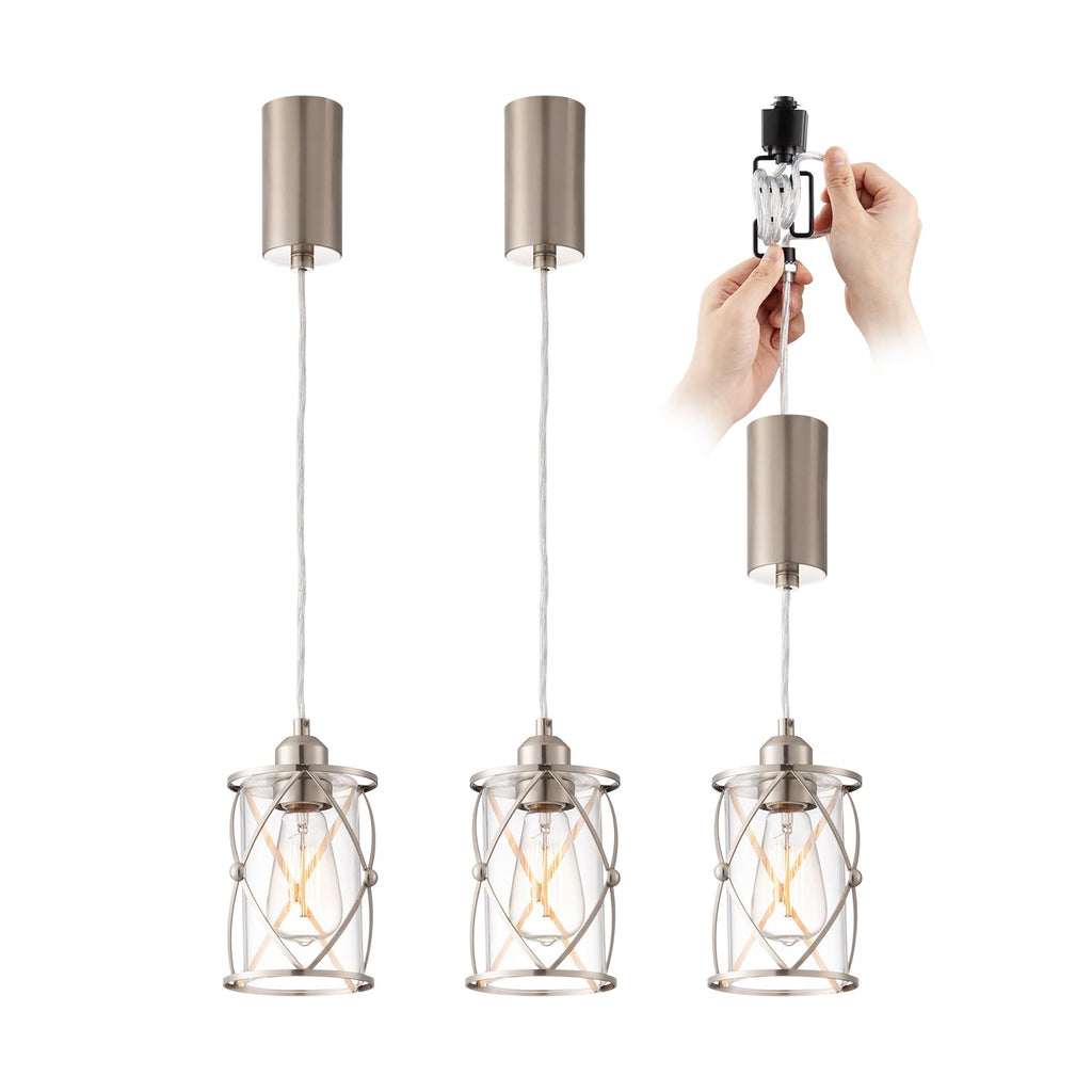 H-Type Brushed Nickel Track Lighting Pendant with Dotted Cage Clear Glass, Adjustable Hanging Light, E26 Socket, Pack