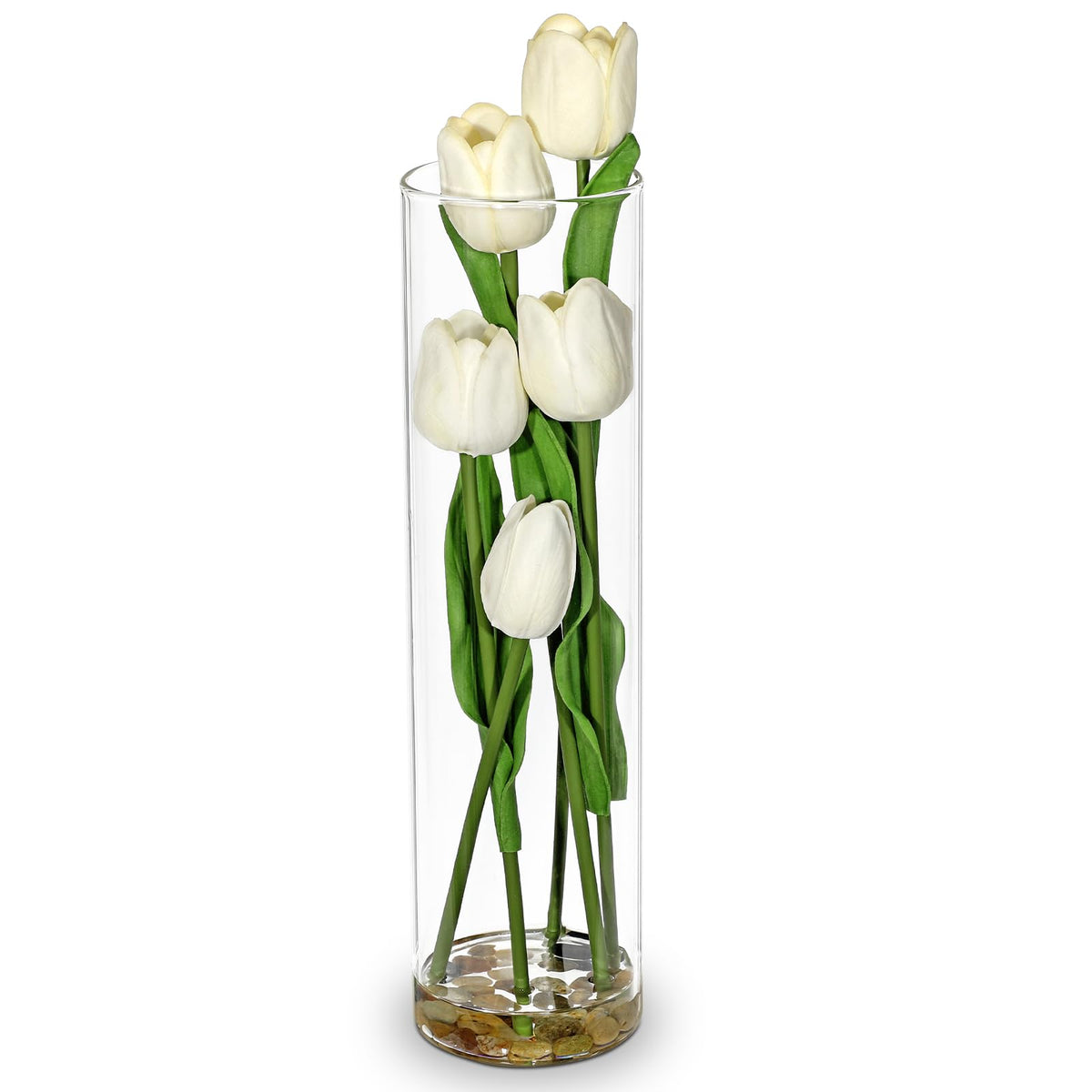 Artificial Tulips in Clear Cylinder Vase Faux PU Tulip Wedding Centerpiece Fake Tulips in Cylinders White Tulip