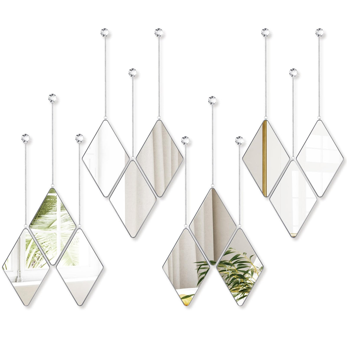 12 Pcs Diamond Wall Mirror Decorative Set Hanging Mirrors with Chain Frame Diamond Decorative for Wall Decor Living