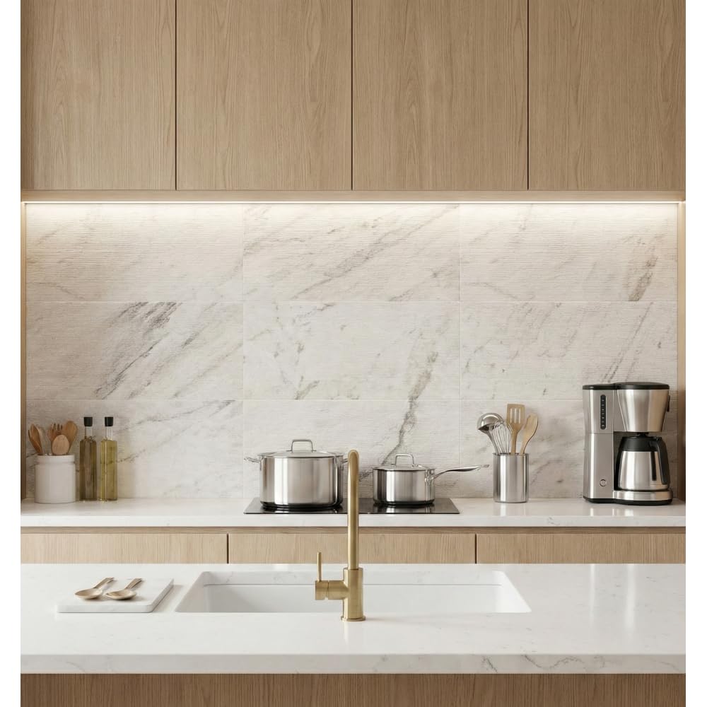 3D Fluted White Marble Wall Tiles, 12 x 24 Inch, 4 Pieces, FS Finish