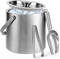 Ice Bucket, 3L Double Wall Insulated Ice Bucket with Lid,Scoop,Tongs- Inner Layer 304 Stainless Steel Ice Container