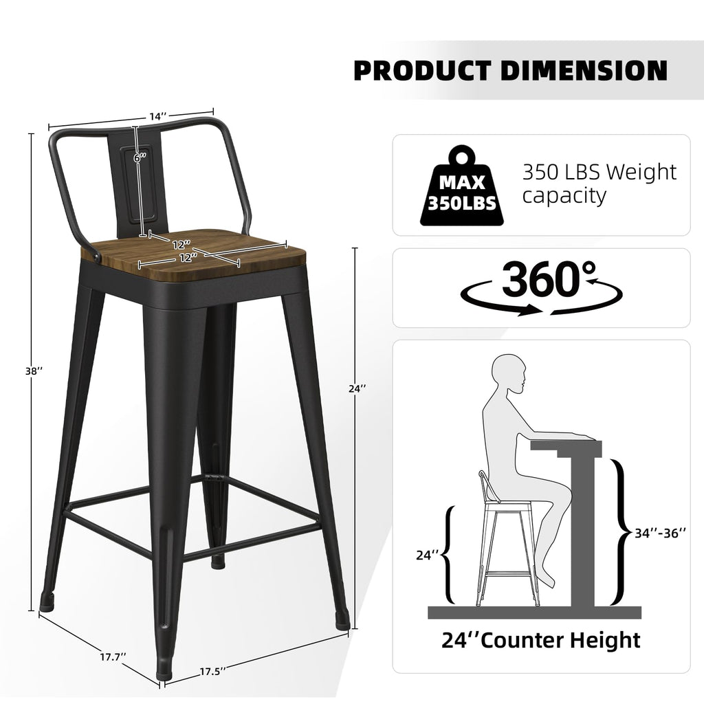 Swivel Bar Stools Set of 4, 24" Counter Height Barstools with Low Back, Industrial Metal Bar Stools with Large Wooden