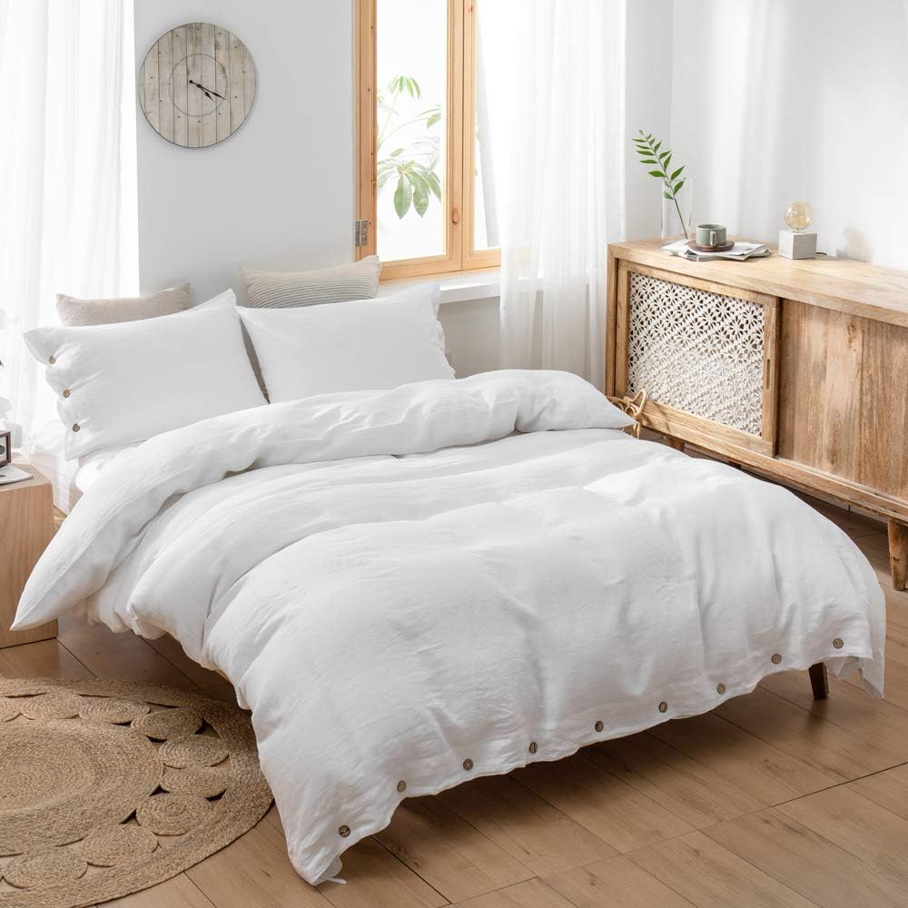 100% Washed Linen Duvet Cover, 3 Pieces Natural Flax French Country Bedding Set, Breathable Farmhouse Comforter Cover