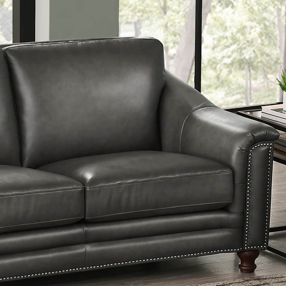 Belfast Top Grain Leather Sofa Couch, 91.5", Ash Gray, Feather Down, Memory Foam and Springs Seating