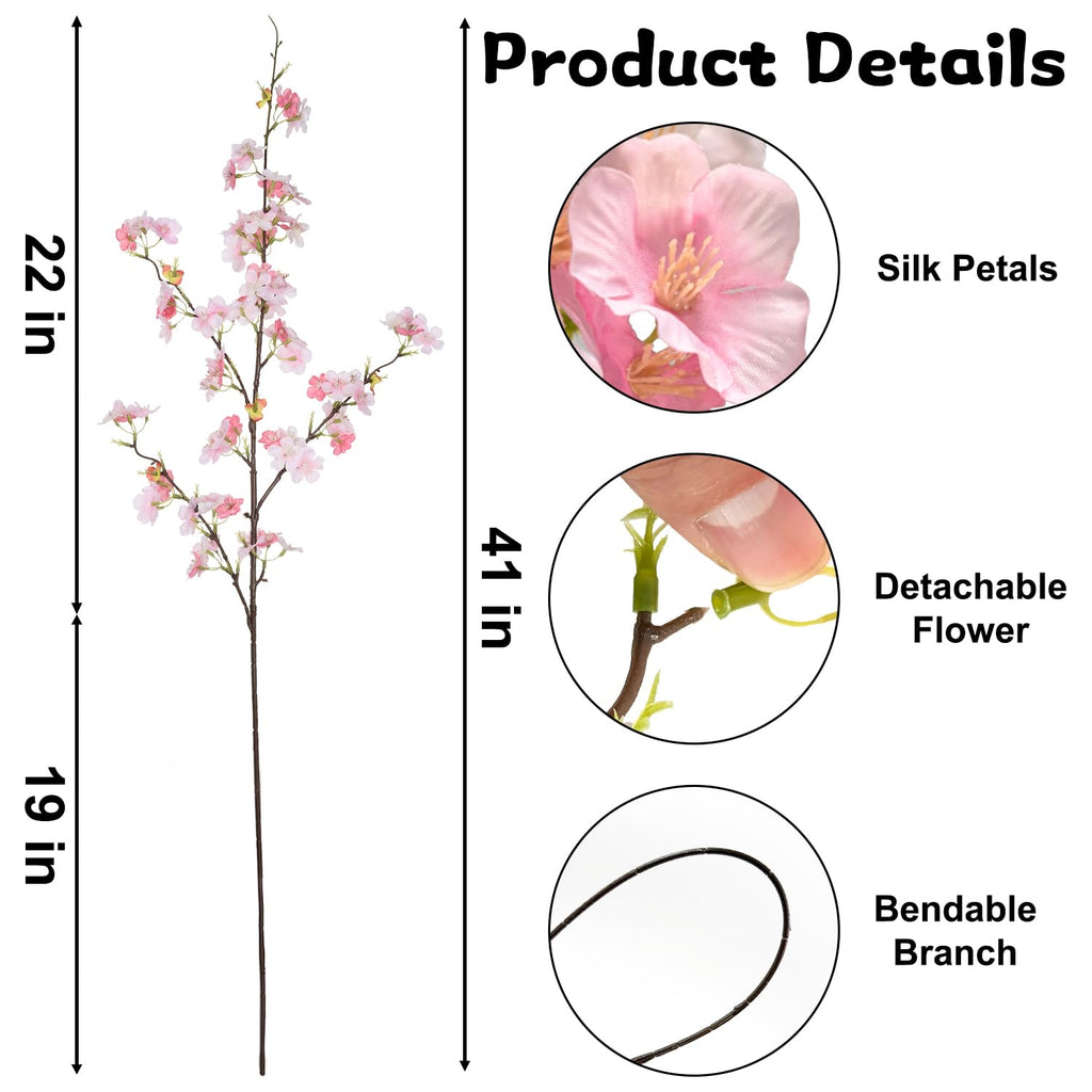 3 Pcs Artificial Cherry Blossom Branches 41 Inch, Faux Flowers Cherry Blossom Stems Spring Decorations, Real Touch