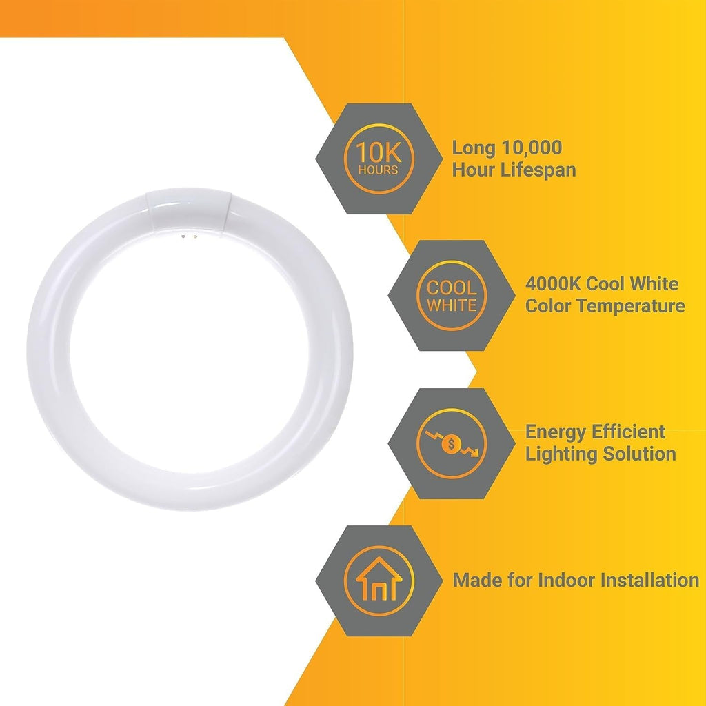 8 Inch T9 Round Circline Fluorescent Light Bulb 22W 1250 Lumens 4100K Cool White G10Q 4-Pin Base Rohs Compliant Pack