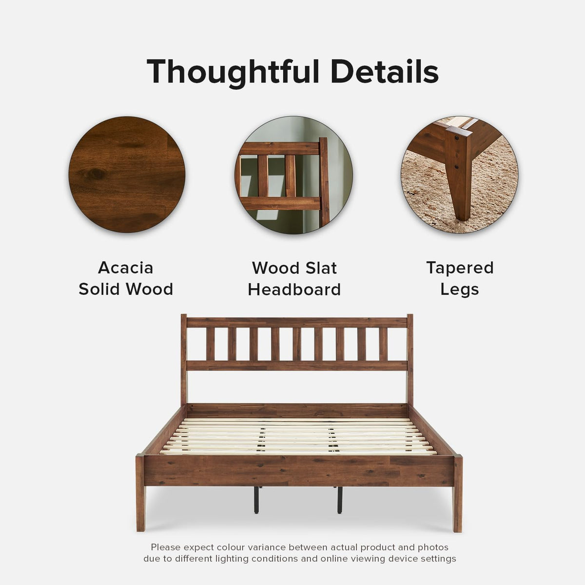 Ted Bed Frame with Headboard, Mid Century Modern Acacia Solid Wood Platform Bed Frame, Wooden Slats, No Box Spring