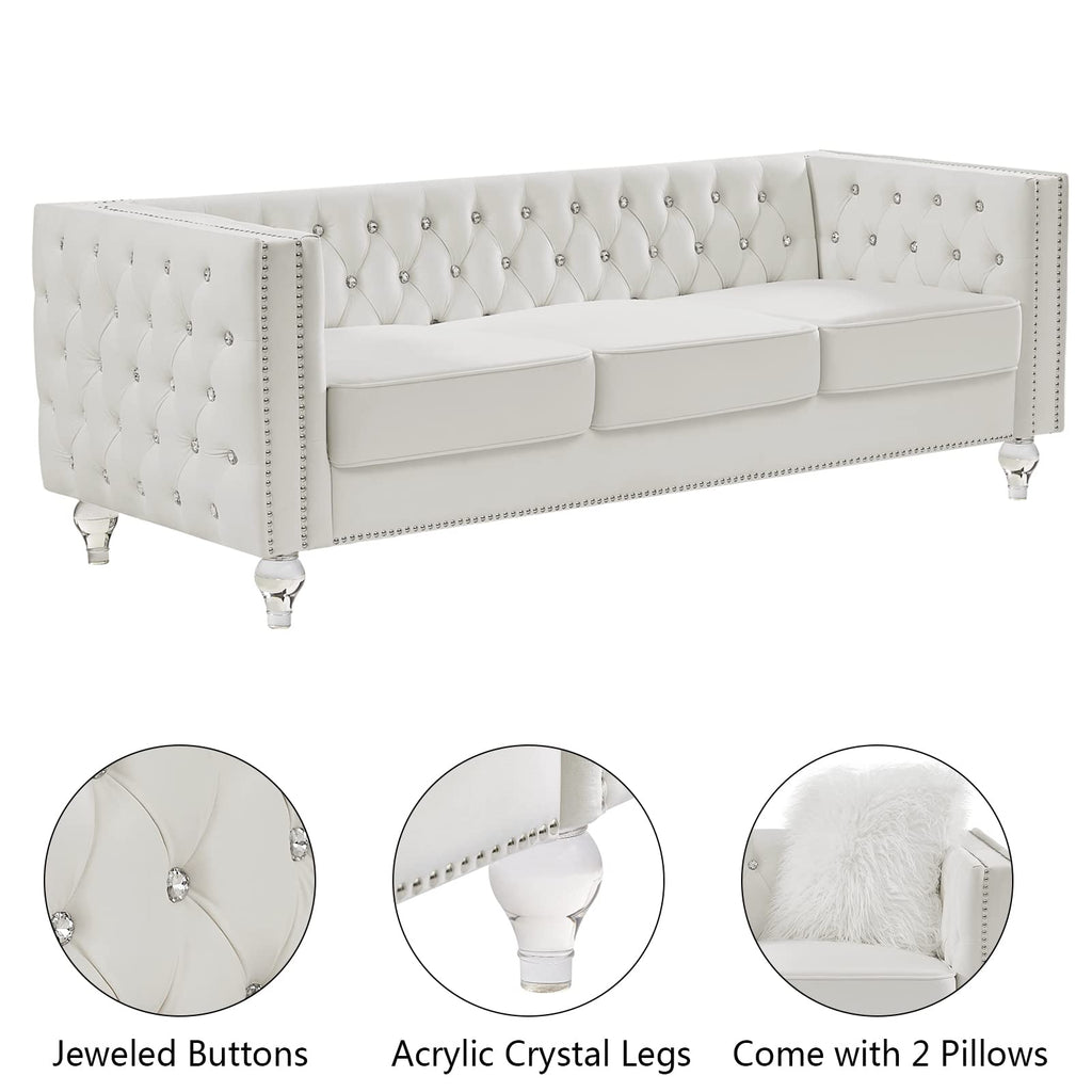 3 Seater Sofa Couch with Buttons and Square Arms 83.07 Inch Tufted 3-seat Sofas with Trimmed Nailhead and Acrylic