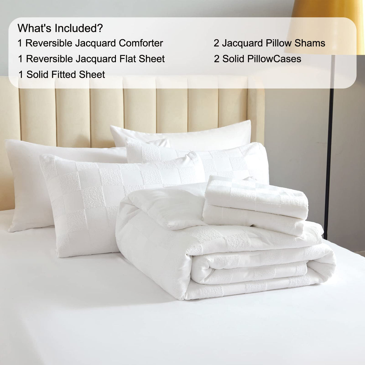 7 Pieces White Queen Comforter Set, Boho Tufted Bed in a Bag, Checkered Farmhouse Shabby Chic Soft Bed Set, All