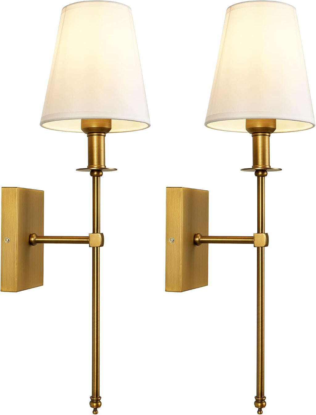 Slim Antique Brass Wall Sconces Set of 2 with White Fabric Shades