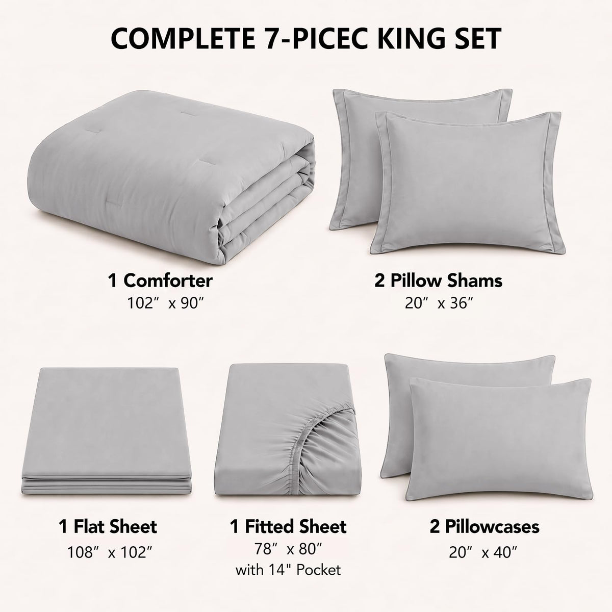 King Comforter Set, 7-Piece Point-Quilted Bed in a Bag, French Grey