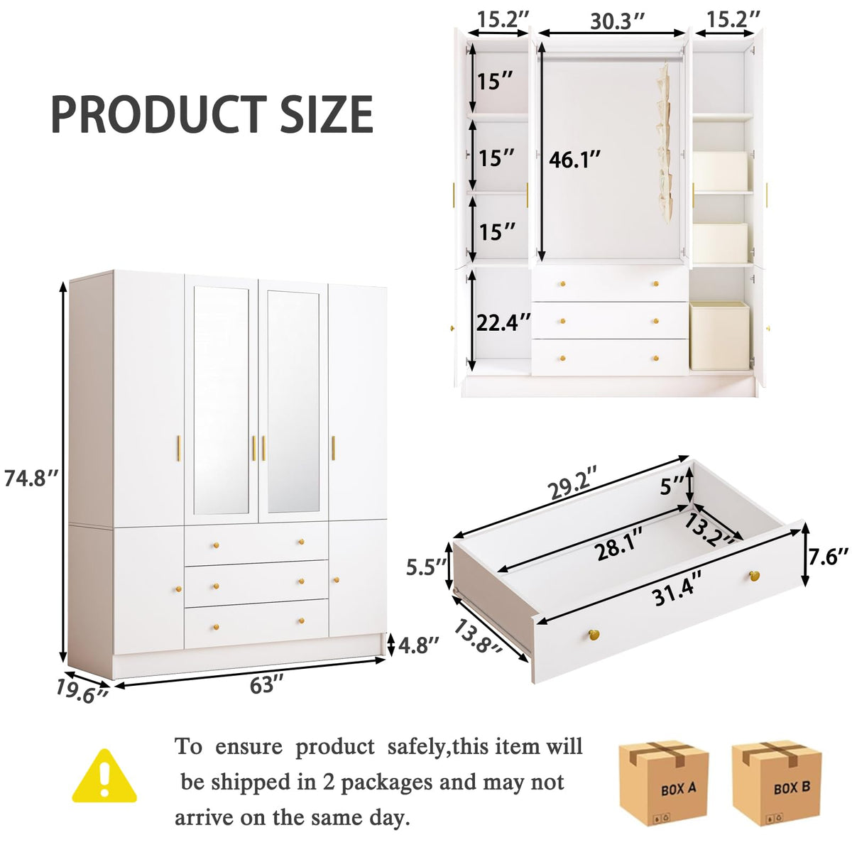 4 Doors LED Wardrobe Closet, 75" Tall Modern Armoire with Mirror & 3 Drawers, Wooden Armoire Wardrobe Closet
