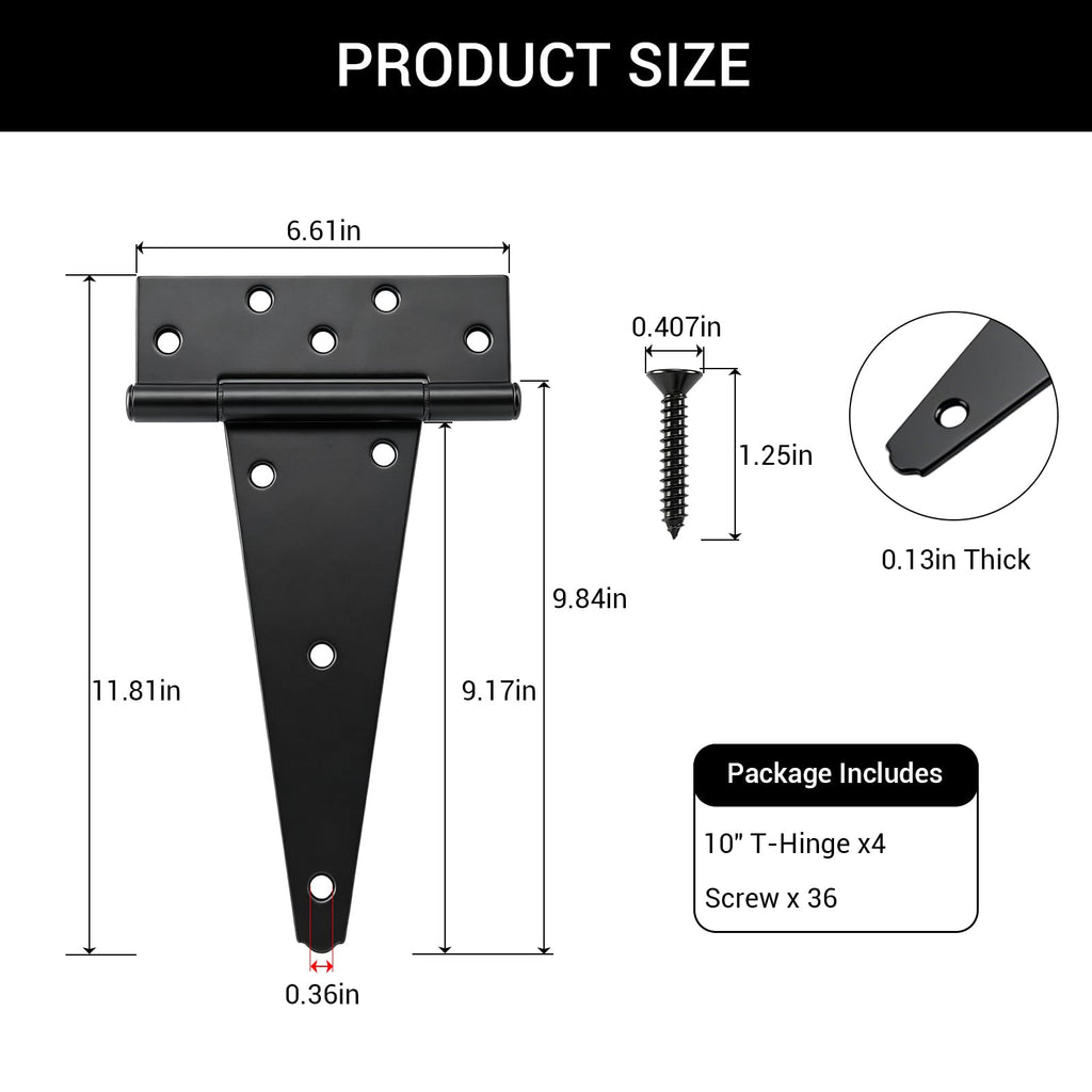 10" Heavy Duty Gate Hinges, 4 Pack T Strap Hinges