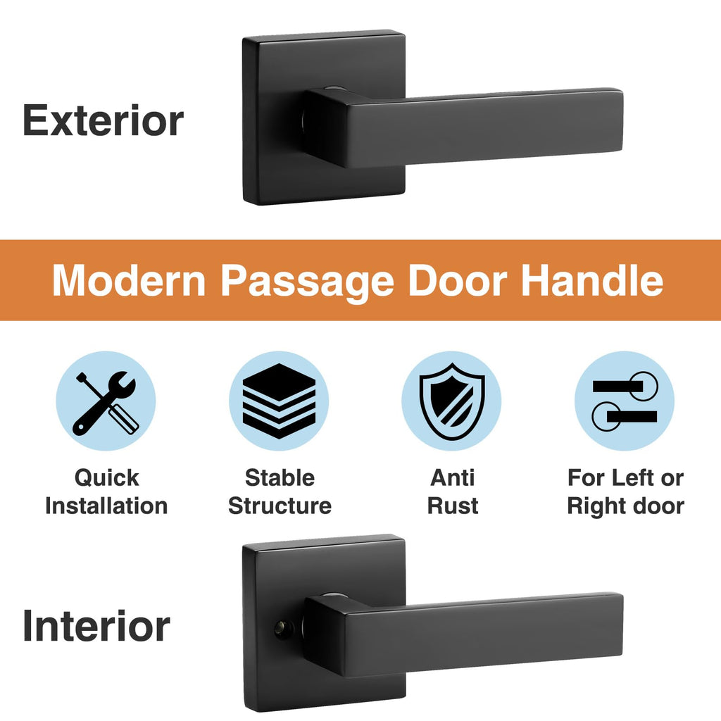 Matte Black Interior Door Handle No Lock, Passage Door Levers 6 Pack