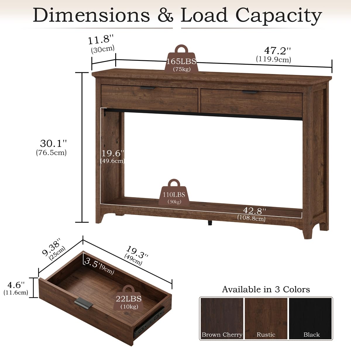 Entryway Table with 2 Drawers, 47 in Sofa Console Table, Rustic