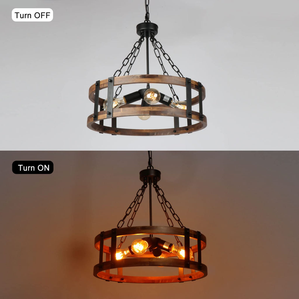 Farmhouse Rustic Wood Chandelier, 4-Light Industrial Drum Chandelier Vintage Pendant Hanging Light Fixture with Black