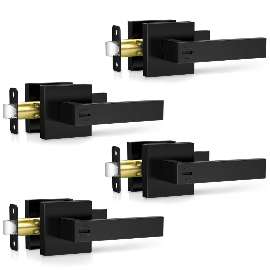 4 Pack Matte Black Door Handles, Keyless Interior Door Knobs, Privacy Door Lever Locksets Bathroom, Heavy Duty Square
