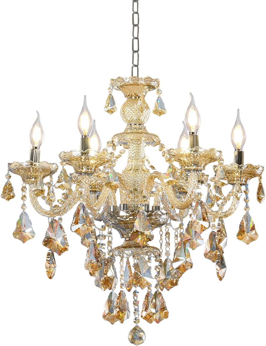 Six-Light Modern Cognac K9 Crystal Chandelier with E12 Sockets