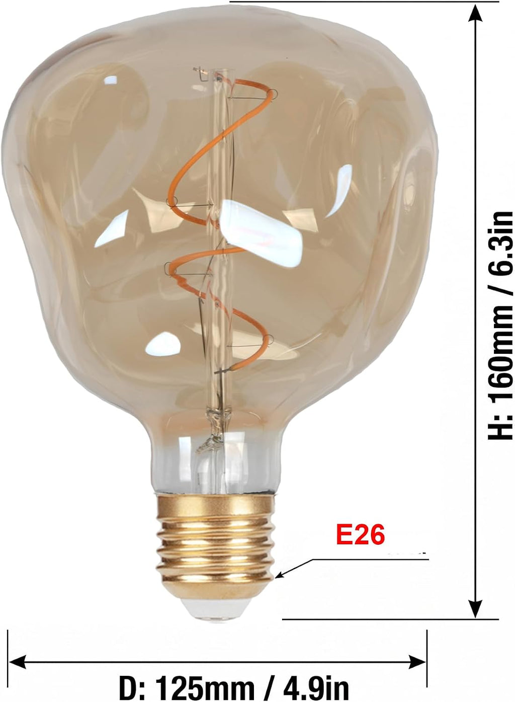 5W Oversized Irregular LED Light Bulb, 5-Inch (G125) Decorative Amber Glass Bulb, Flexible Spiral Filament, 2200K