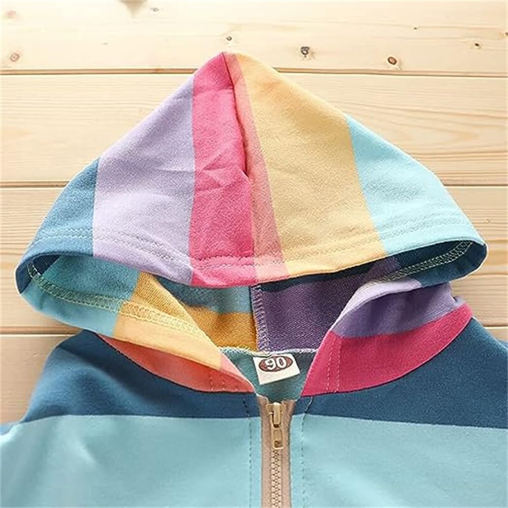 Toddler Girl Zip up Hoodie Jacket Rainbow Sweatshirt Long Sleeve Cotton Striped Hooded Coat Fall Outfits Kids Winter