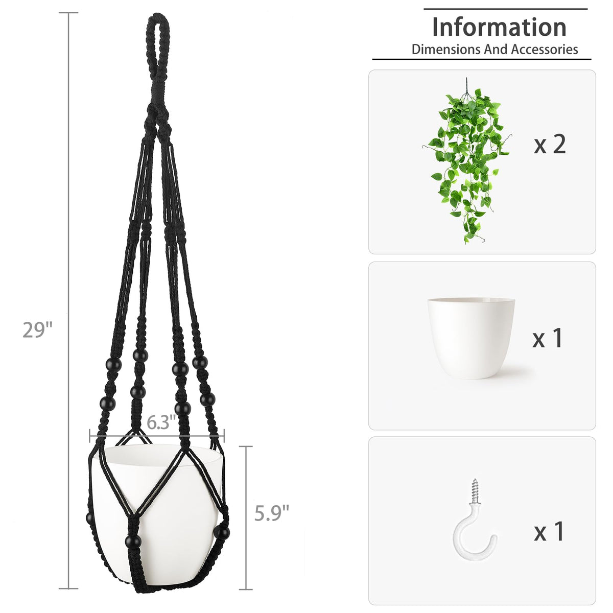 Fake Hanging Plant, Macrame Hanger with Pothos Vines & Pot, Black