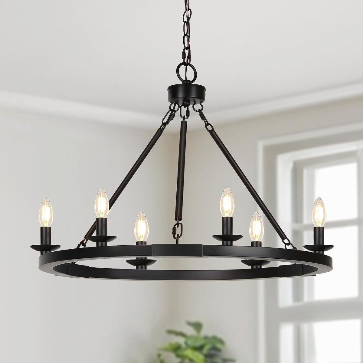 Black Farmhouse Wagon-Wheel Chandelier, Compact Ring Light for Kitchen Nooks