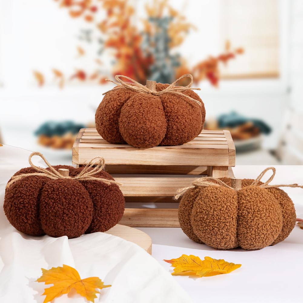6" Fall Pumpkin Decorations, Mix Brown Artificial Fabric Pumpkins