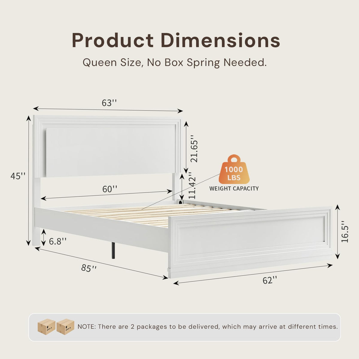 Bed Frame with LED Headboard, White Wood Platform Bed with Picture Frame Panel Headboard and Footboard, Modern