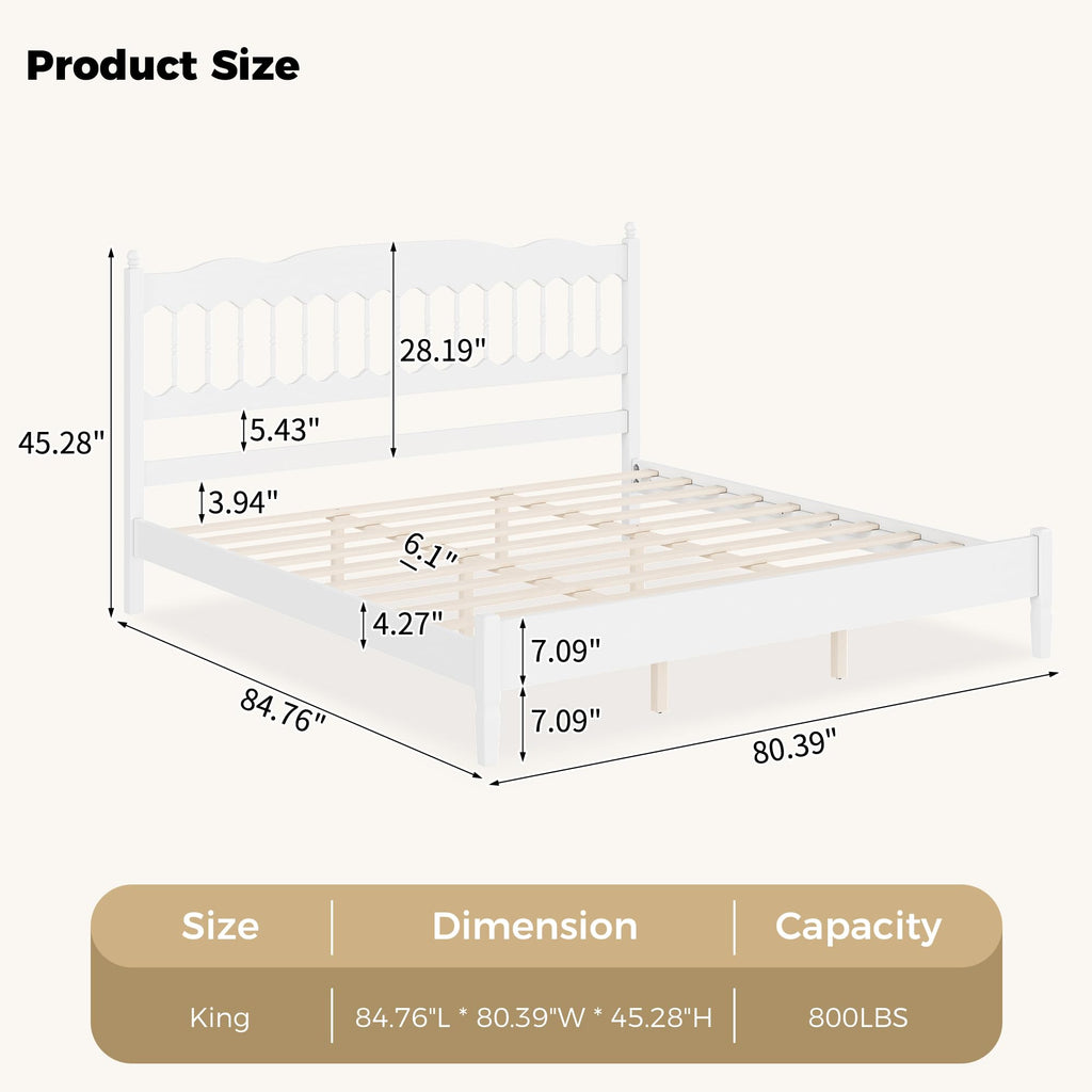Farmhouse Wood Bed Frame with Spindle Headboard, White