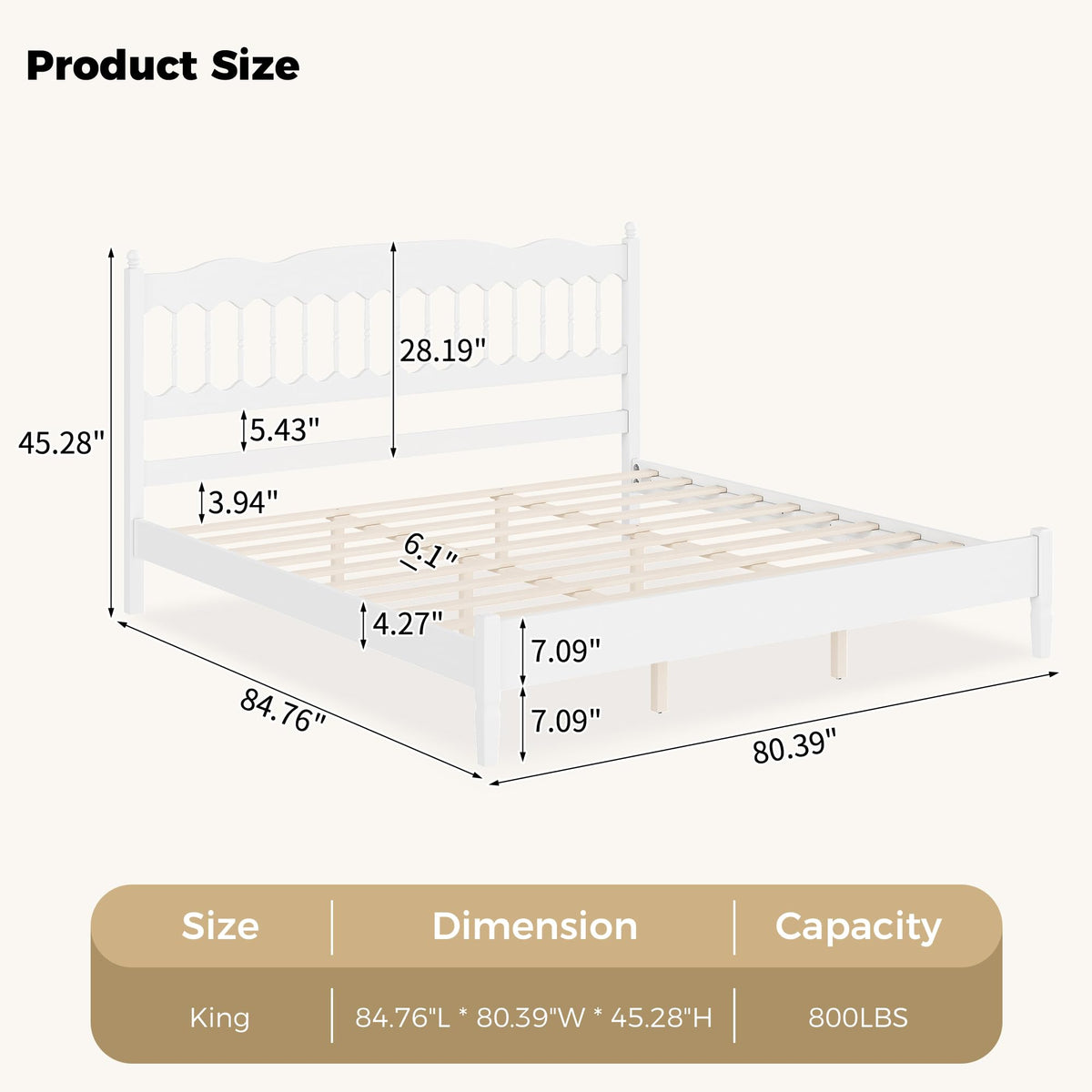 Farmhouse Wood Bed Frame with Spindle Headboard, White