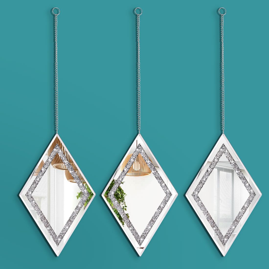 Silver Diamond Shaped Wall Mirror Set of 3, Decorative Crystal Crush Diamond Mirrors Decor