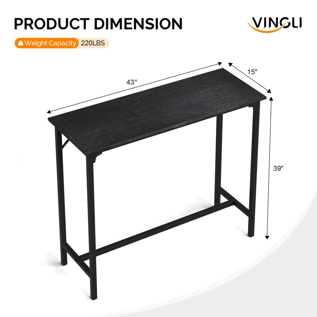 43 Inch Bar Table, Rectangular Counter Height Home Pub Table, Black